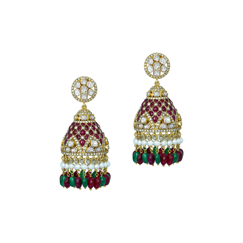 Polki Jhumka Earrings with Ruby Colourstone, Emerald, and Pearls